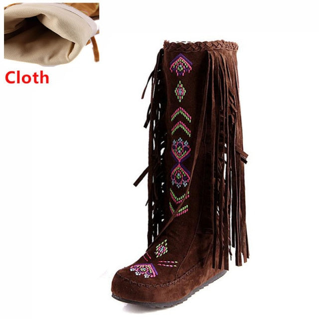 Flock Leather Women Fringe Flat Heels