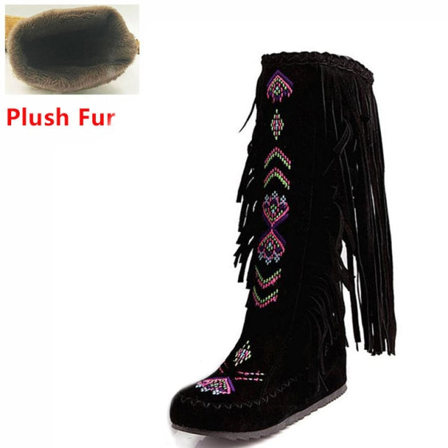 Flock Leather Women Fringe Flat Heels