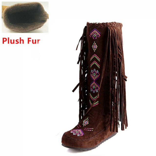 Flock Leather Women Fringe Flat Heels