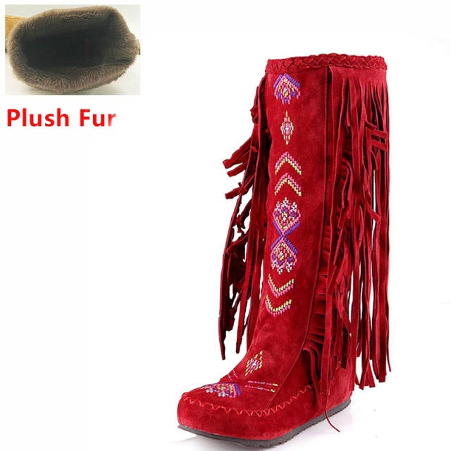 Flock Leather Women Fringe Flat Heels