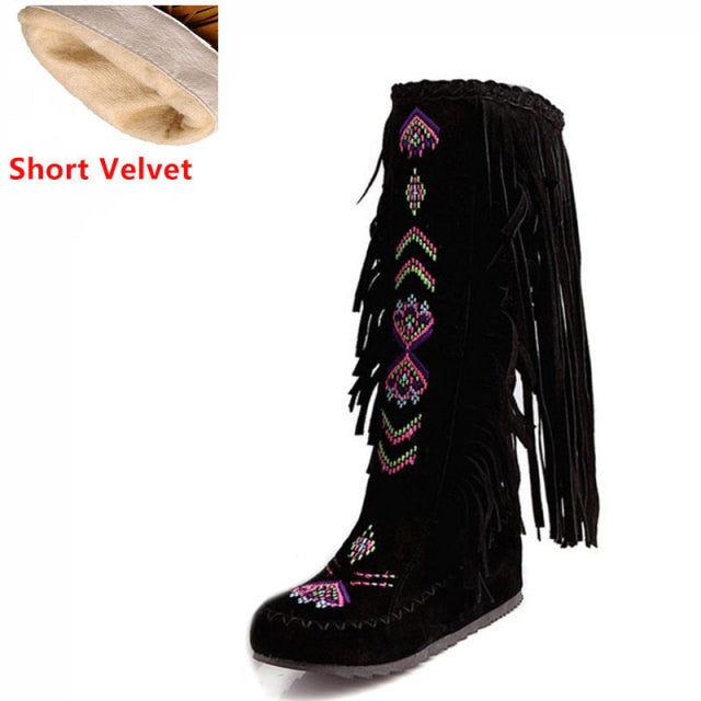 Flock Leather Women Fringe Flat Heels