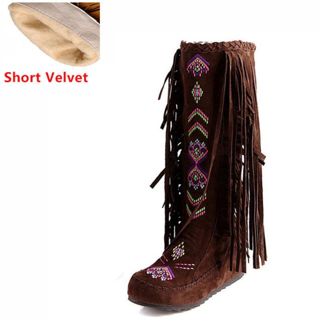 Flock Leather Women Fringe Flat Heels