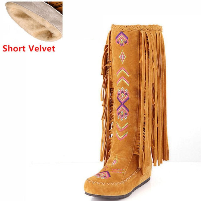 Flock Leather Women Fringe Flat Heels