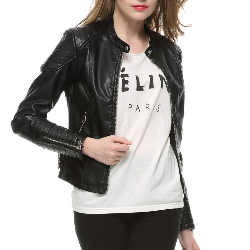 Women Elegant Zipper Faux Leather Coat