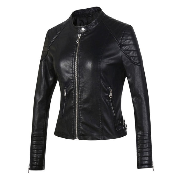 Women Elegant Zipper Faux Leather Coat