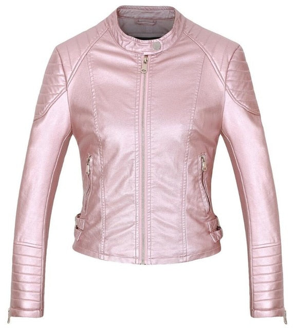 Women Elegant Zipper Faux Leather Coat