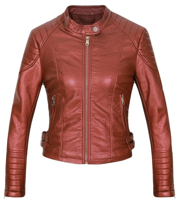 Women Elegant Zipper Faux Leather Coat