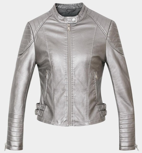 Women Elegant Zipper Faux Leather Coat