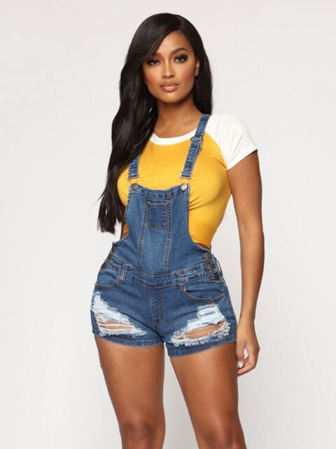 Hole Denim Jumpsuit Short Women Salopette Rompers