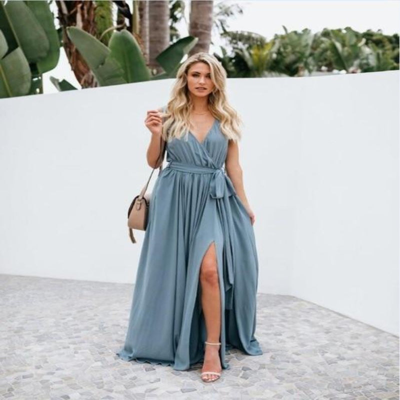 V Neck Backless Chiffon Bandage  Party Dress