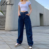 Weekeep Retro Straight Pachwork Large Pocket Wide-leg Women's Jeans High Waist Streetwear Pants Summer Fashion Loose Jeans Women