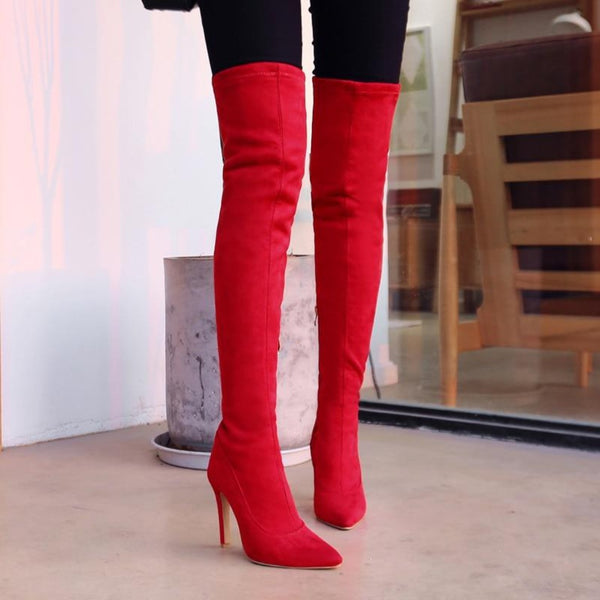 Faux Suede Stretch Thigh High Boots Elastic