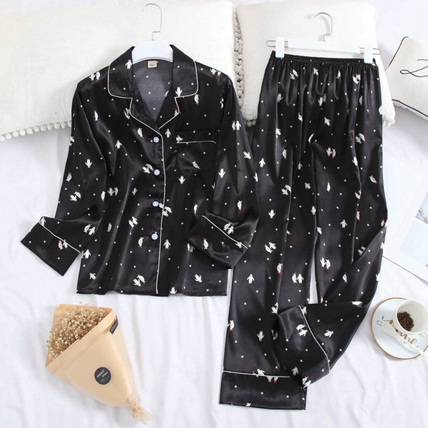 Long Sleeve Silk Pajamas Set for Women
