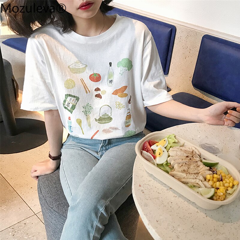 Mozuleva 2020 Casual Loose Food Printed White Women T-shirt Cotton Female t shirt Summer Top Tees Round-neck Short Sleeve Tops