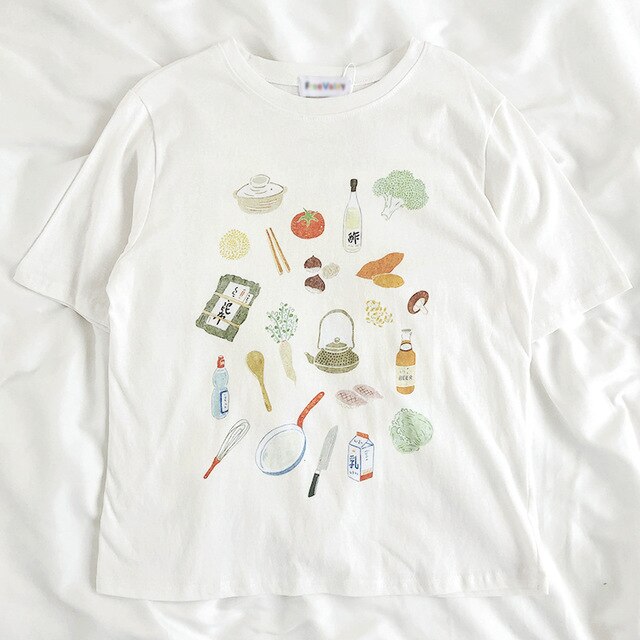 Mozuleva 2020 Casual Loose Food Printed White Women T-shirt Cotton Female t shirt Summer Top Tees Round-neck Short Sleeve Tops