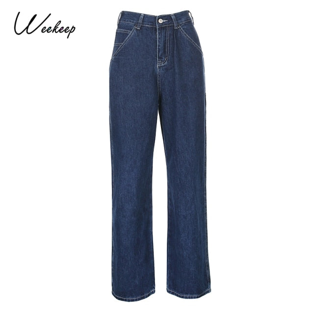 Weekeep Retro Straight Pachwork Large Pocket Wide-leg Women's Jeans High Waist Streetwear Pants Summer Fashion Loose Jeans Women