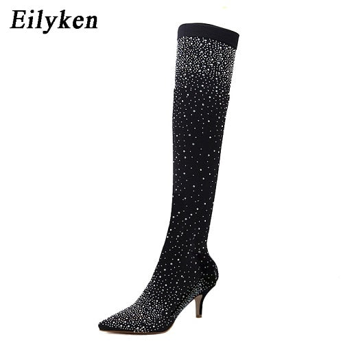 Runway Crystal Stretch Fabric Sock Boots Pointy Toe