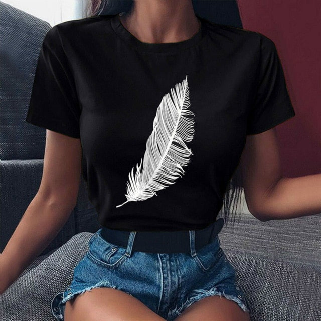 T-shirt Feather Print Short Sleeve