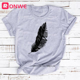T-shirt Feather Print Short Sleeve
