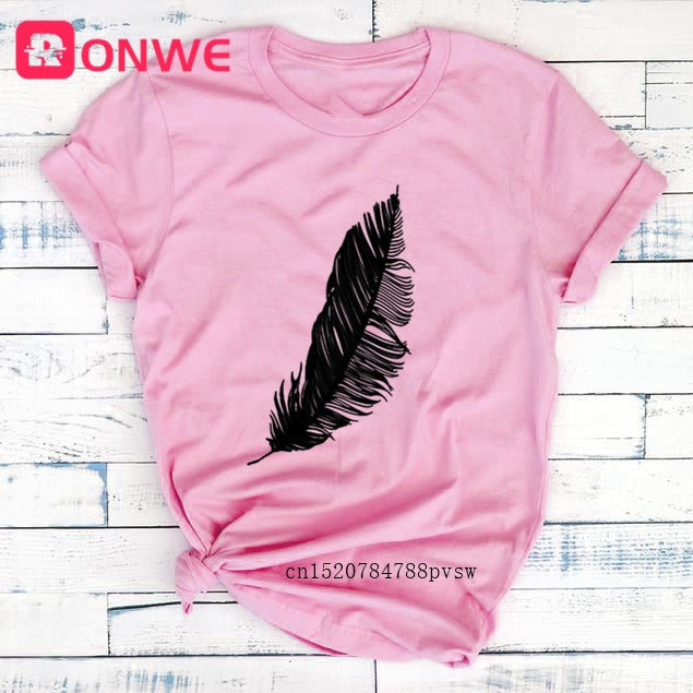 T-shirt Feather Print Short Sleeve