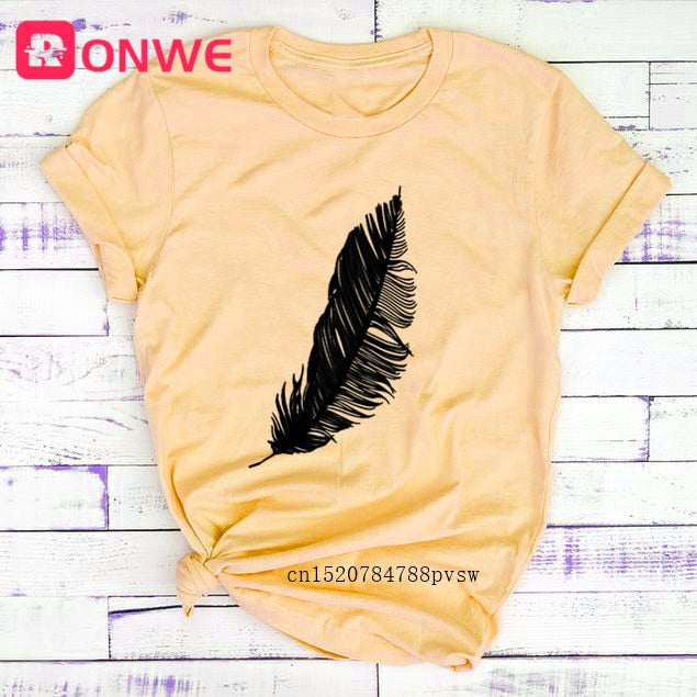 T-shirt Feather Print Short Sleeve