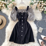 SINGRAIN Women Plaid Strap Dress Korean Slash Neck Sexy Off Shoulder Button Puff Sleeve Dress Summer Patchwork A Line Sundress