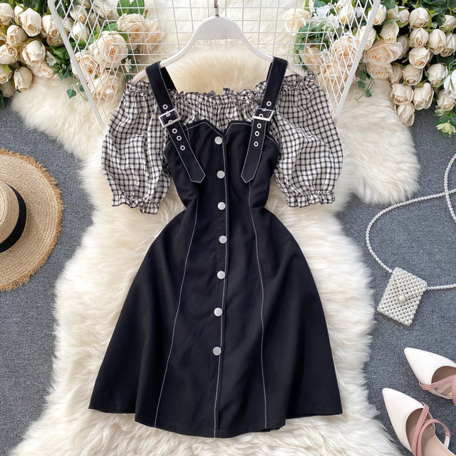 SINGRAIN Women Plaid Strap Dress Korean Slash Neck Sexy Off Shoulder Button Puff Sleeve Dress Summer Patchwork A Line Sundress