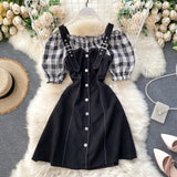 SINGRAIN Women Plaid Strap Dress Korean Slash Neck Sexy Off Shoulder Button Puff Sleeve Dress Summer Patchwork A Line Sundress