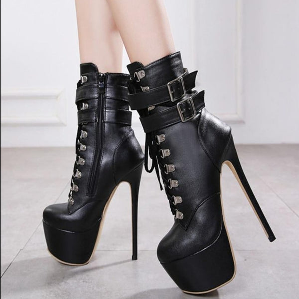 High Heels Platform Boots Round Toe Leather