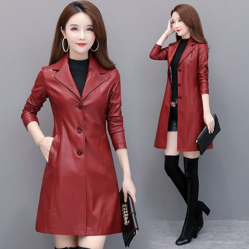 Long Women's Leather Coat slim Fashion punk leather coat
