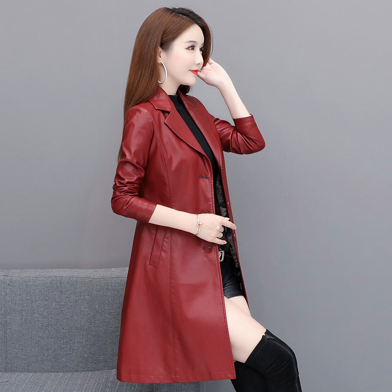 Long Women's Leather Coat slim Fashion punk leather coat