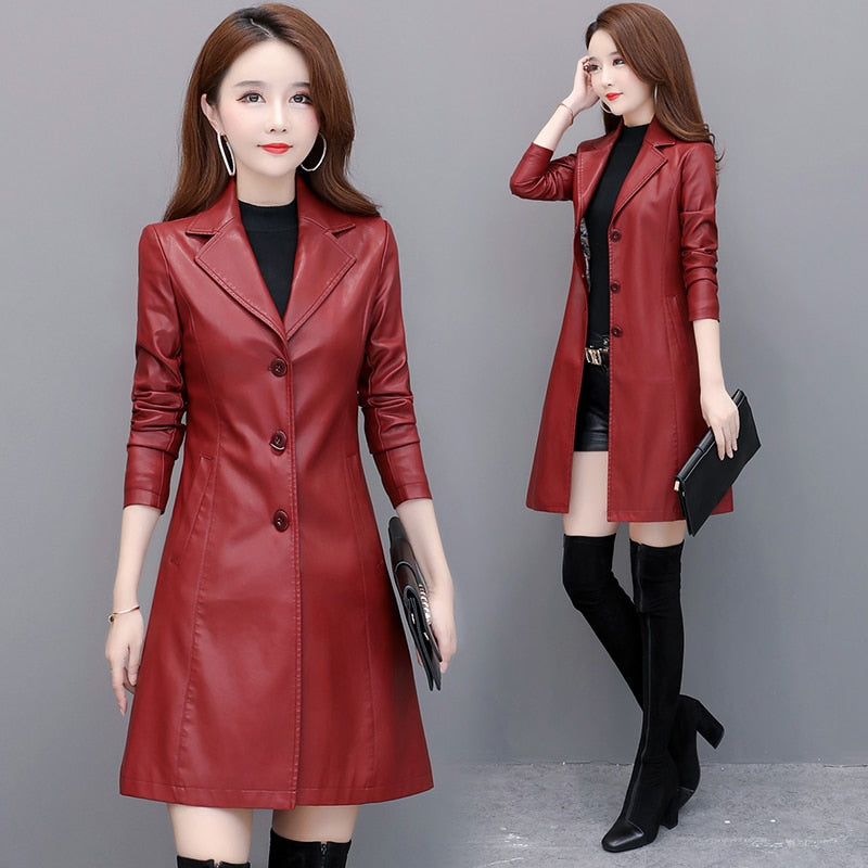 Long Women's Leather Coat slim Fashion punk leather coat