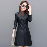 Long Women's Leather Coat slim Fashion punk leather coat