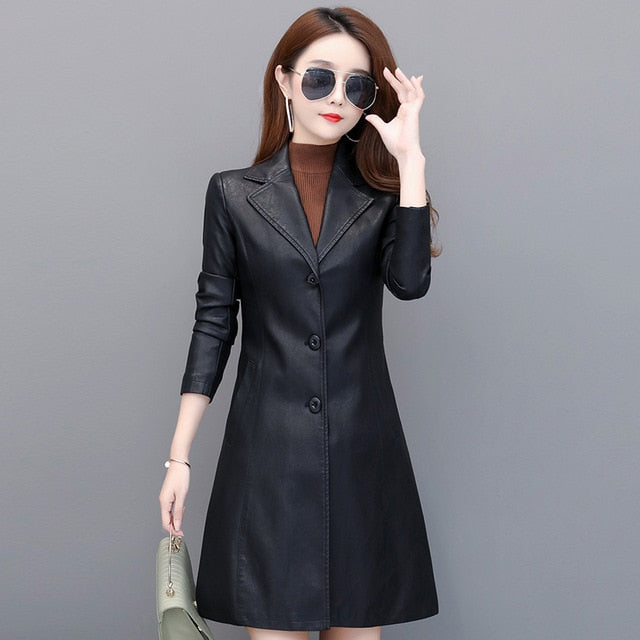 Long Women's Leather Coat slim Fashion punk leather coat