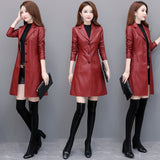 Long Women's Leather Coat slim Fashion punk leather coat