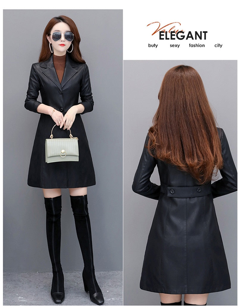 Long Women's Leather Coat slim Fashion punk leather coat