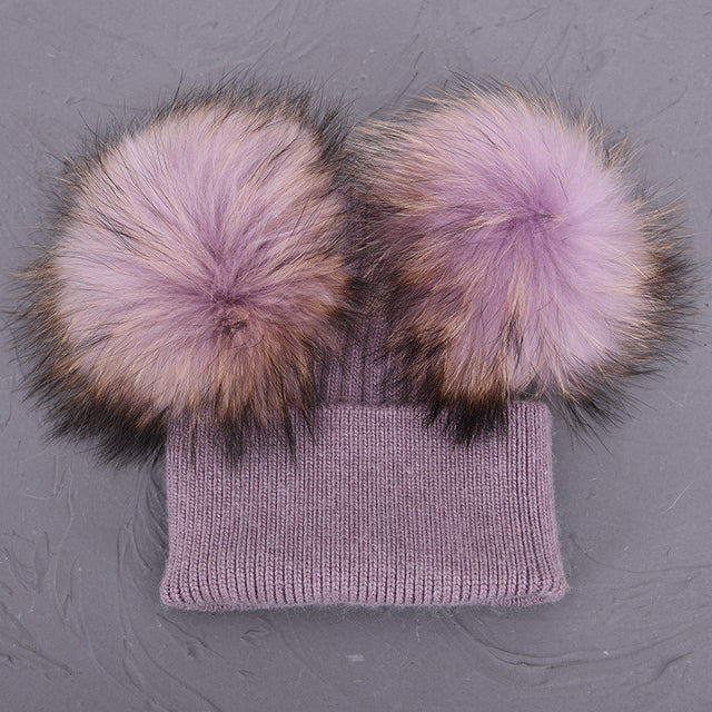 Double Real Raccoon Fur Pompom Hat