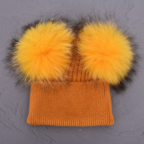 Double Real Raccoon Fur Pompom Hat