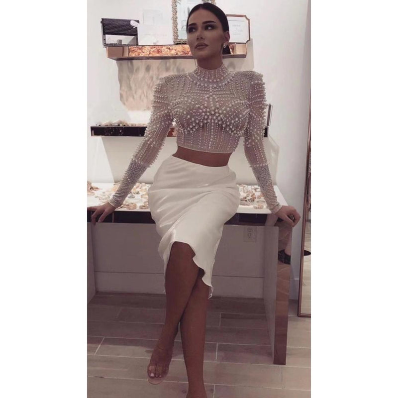New Arrival High Quality Two Piece Women Set Sexy Summer Long Sleeves Beading Top White Skirt Vintage Vestios Bandagem