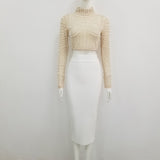 New Arrival High Quality Two Piece Women Set Sexy Summer Long Sleeves Beading Top White Skirt Vintage Vestios Bandagem