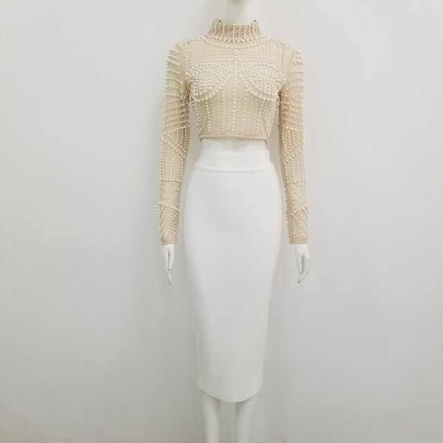 New Arrival High Quality Two Piece Women Set Sexy Summer Long Sleeves Beading Top White Skirt Vintage Vestios Bandagem