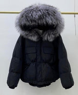 Winter Down Waterproof Large Natural Raccoon Fox Fur Hooded Short Puffer jackets
