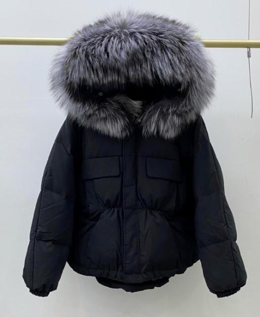 Winter Down Waterproof Large Natural Raccoon Fox Fur Hooded Short Puffer jackets