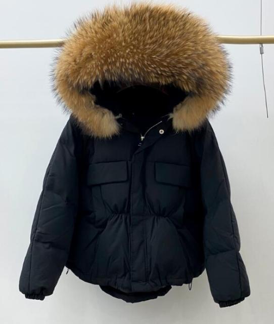 Winter Down Waterproof Large Natural Raccoon Fox Fur Hooded Short Puffer jackets