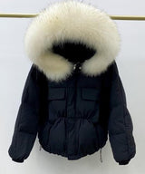 Winter Down Waterproof Large Natural Raccoon Fox Fur Hooded Short Puffer jackets
