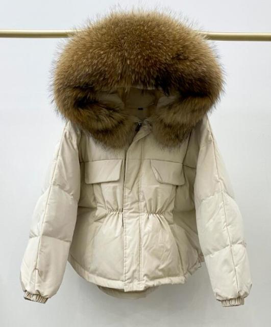 Winter Down Waterproof Large Natural Raccoon Fox Fur Hooded Short Puffer jackets