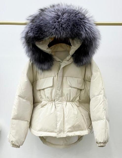 Winter Down Waterproof Large Natural Raccoon Fox Fur Hooded Short Puffer jackets