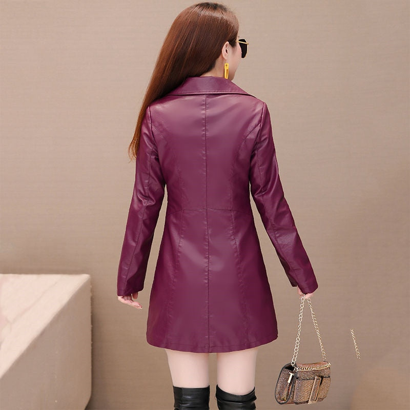 Long Women's Leather Coat slim Fashion punk leather Blazer