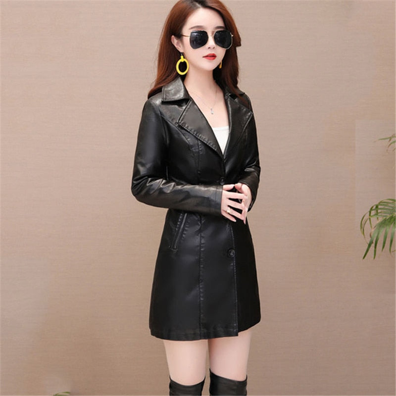 Long Women's Leather Coat slim Fashion punk leather Blazer