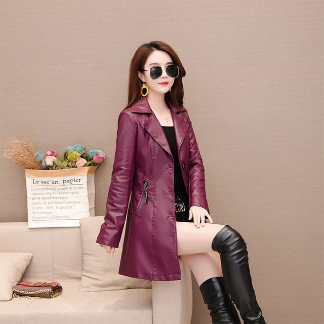 Long Women's Leather Coat slim Fashion punk leather Blazer